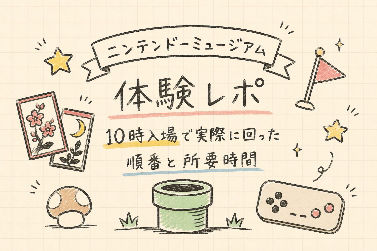 ニンテンドーミュージアムの体験レポート記事のアイキャッチ画像（花札やコントローラーのイラスト）」