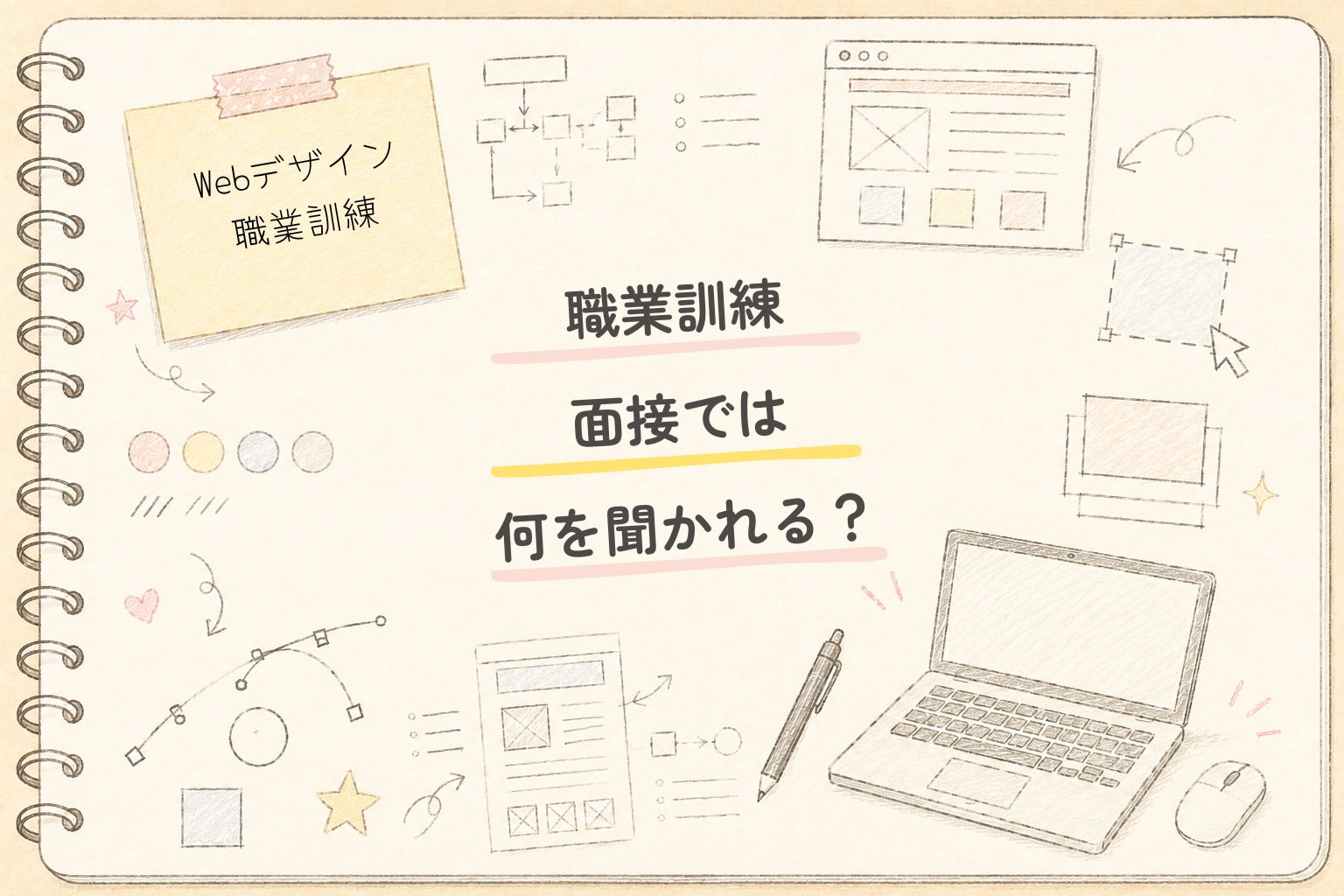 Webデザイン職業訓練の面接体験を紹介する記事のアイキャッチイラスト