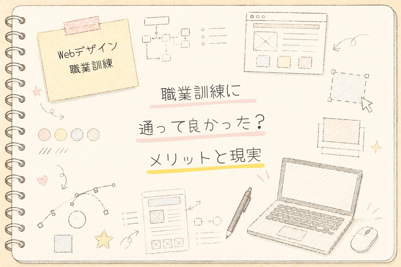 職業訓練に通って良かった？メリットと現実を紹介するWebデザインコース体験談のアイキャッチ。リングノートにWebデザイン学習をイメージしたラフスケッチが描かれている。