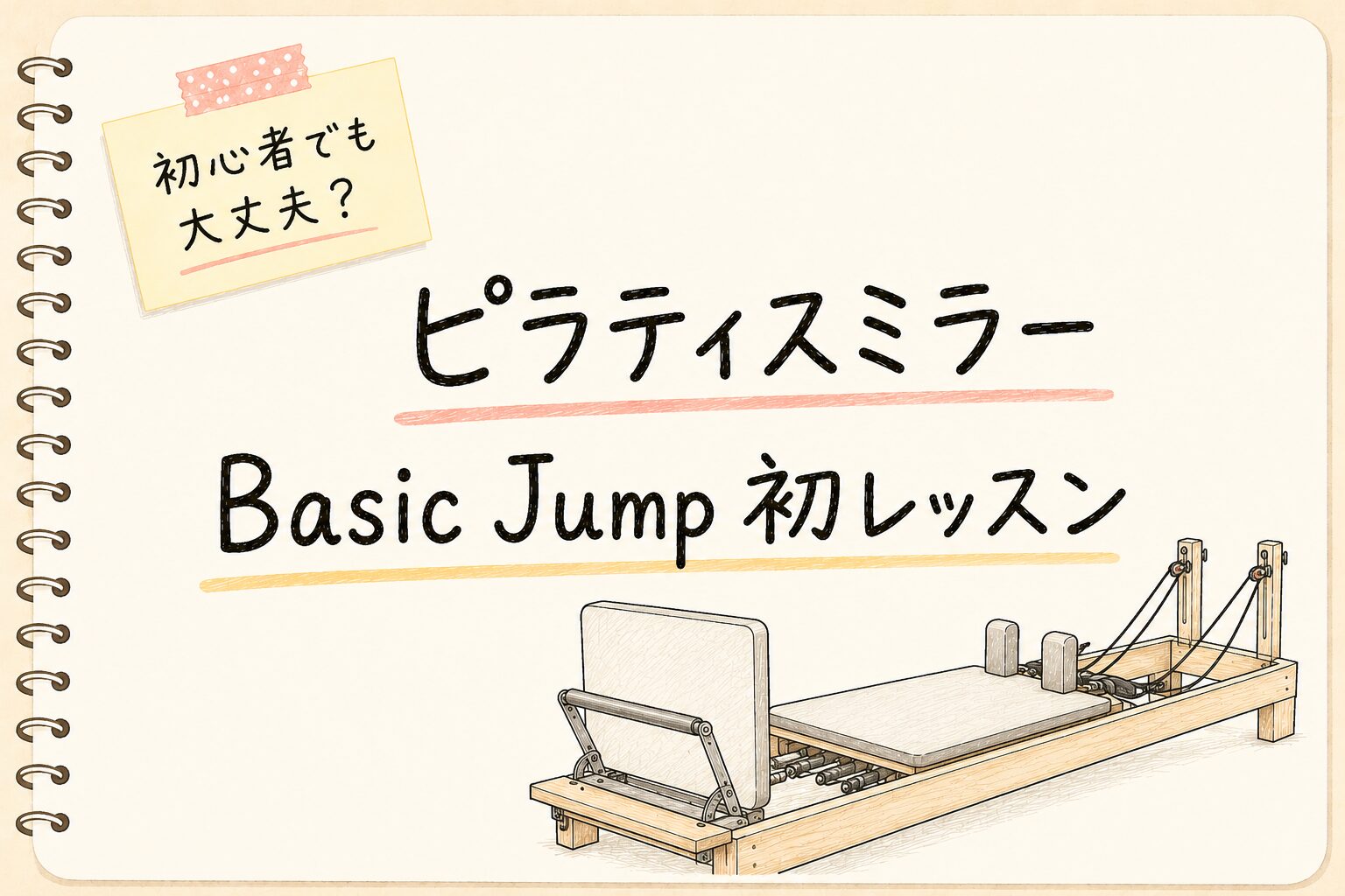 ピラティスミラーのBasic Jump初レッスンを紹介する手描き風アイキャッチ